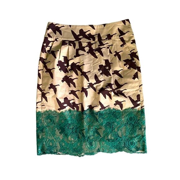 Leifsdottir for Anthropologie Bird Print Pencil Skirt Tan & Teal Lace Size 2 - Picture 3 of 5